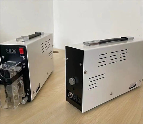 Heavy Duty Electric Wire Stripper For No Mess Cable Prep And Razor Sharp Cutting, shown from side and back view.