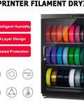 Smart 3D Printer Filament Dry Storage Cabinet Featuring Intelligent Auto Humidity Control And Slick Dehumidifying Design with colorful spools