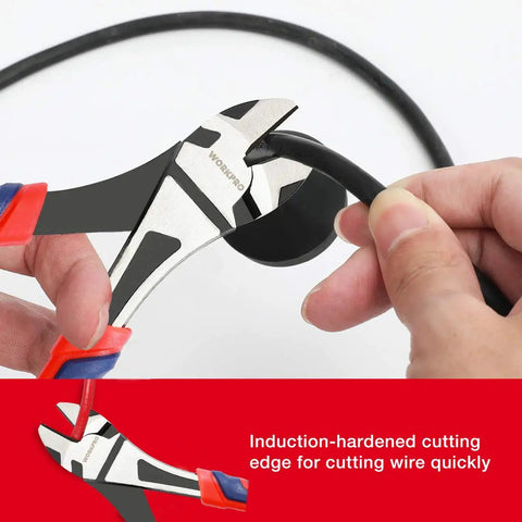 7-Inch Diagonal Pliers In CR-V Steel With Heat-Treated 50CrV Jaws cutting black wire, rust-resistant black finish, bi-material grip