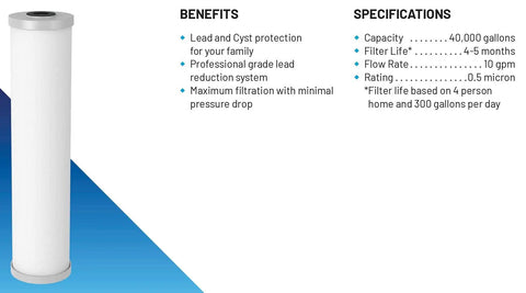 PB55-20 Carbon Water Filter Cartridge For 20 Inch Big Blue Housings, 0.5 Micron, shown with benefits and specifications