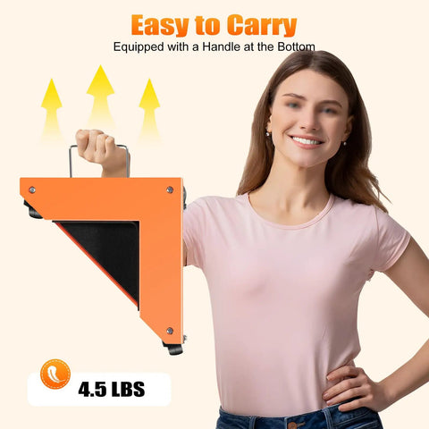 Heavy Duty Furniture Mover Dolly Set Of 4 held by a woman, orange triangular design, 4.5 lbs, showing easy-carry handle.