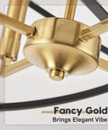 Close-up of black and gold industrial ceiling light fixture with four light candle chandelier, showing elegant gold detail.