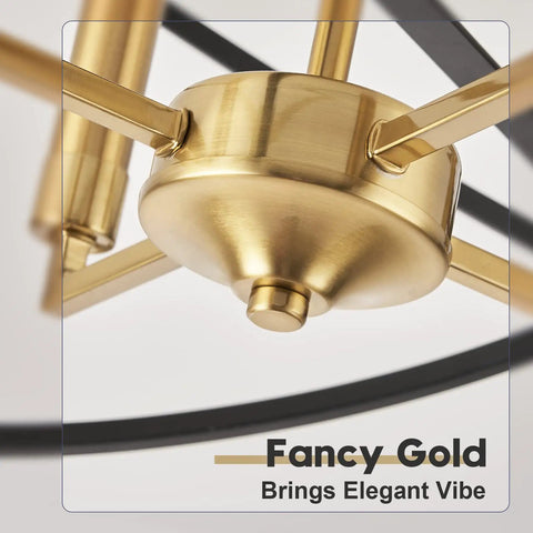Close-up of black and gold industrial ceiling light fixture with four light candle chandelier, showing elegant gold detail.