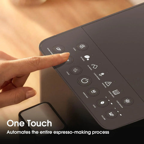 Hassle Free One Touch Automatic Espresso Machine With Built In Grinder And Manual Milk Frother, control panel focus with finger on button.