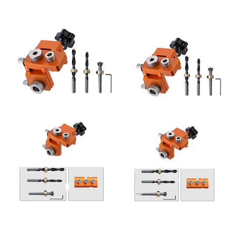 Pro Grade 3 In 1 Adjustable Wood Joinery Drill Jig Kit Precision Hole Locator Puncher with drill bits and alignment guides.