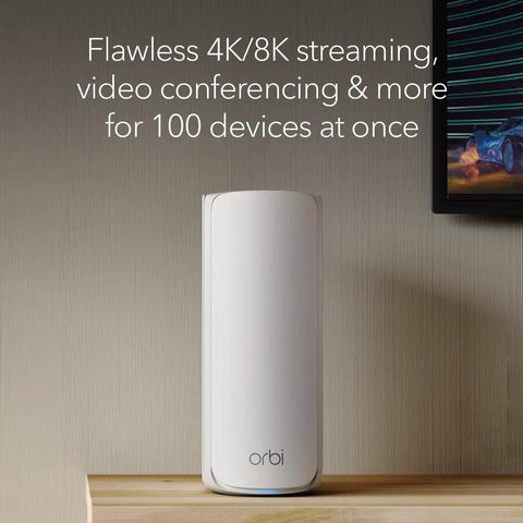 Orbi 770 Series Tri Band WiFi 7 Mesh Network System With Router And Two Satellite Extenders, sleek white satellite extender