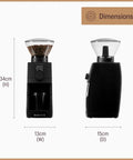 Pro Tier Stepless Grind Adjustment Coffee Grinder Featuring Precision Steel Burrs And Quick Release Design For Smooth Shot Pulling Or Effortless Daily Brewing In Slick Black Finish dimensions displayed with height 34cm, width 13cm, depth 15cm.