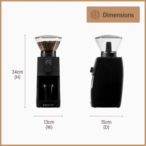Pro Tier Stepless Grind Adjustment Coffee Grinder Featuring Precision Steel Burrs And Quick Release Design For Smooth Shot Pulling Or Effortless Daily Brewing In Slick Black Finish dimensions displayed with height 34cm, width 13cm, depth 15cm.