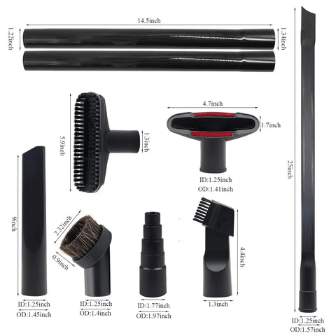 Nine attachments for Comprehensive Vacuum Attachments Kit One And A Quarter Inch Nine Piece Set With Brush Nozzle Extension Wand
