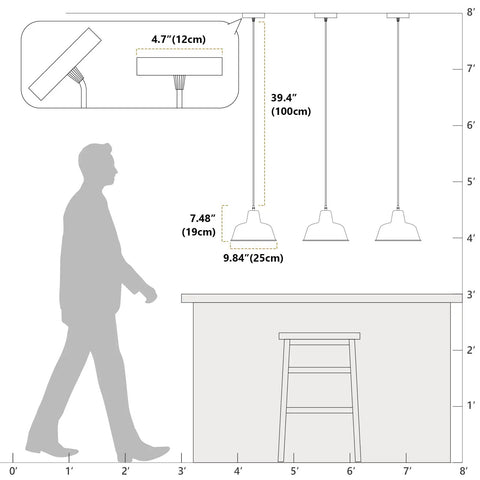 Illustration showing dimensions of Black Industrial Pendant Lights Dope Vintage Farmhouse Metal Hanging Ceiling Fixtures for kitchen