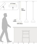 Diagram showing Black Industrial Pendant Lights Set Of 3 Modern Farmhouse Ceiling Fixtures dimensions with a silhouette for scale.