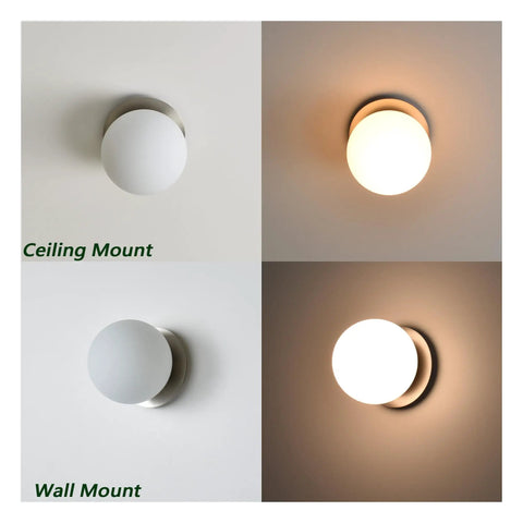 Modern Globe Wall Sconce 1 Light In Brushed Nickel, Diffused Opal Glass Shade, shown as ceiling and wall mount uses