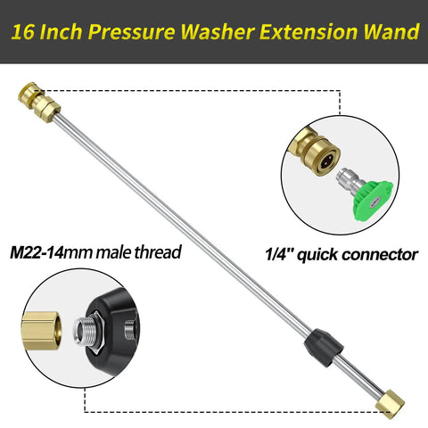 Beefed-Up 3600 PSI Pressure Washer Gun With 30 Inch Swivel Quick Connect Extension Wand showing 16 inch extension and fittings.