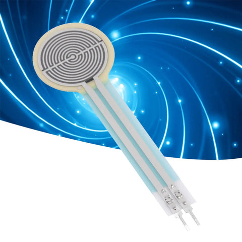 FSR402 Thin Film Pressure Sensor For Arduino And DIY Projects, Force Sensitive Resistor 0g To 10kg Range, Long Tail Flexible Cable, Easy Hookup For Precise Force Measurement In Industrial And Hobby Kits. round thin-film force sensor with flexible tail and metal contacts