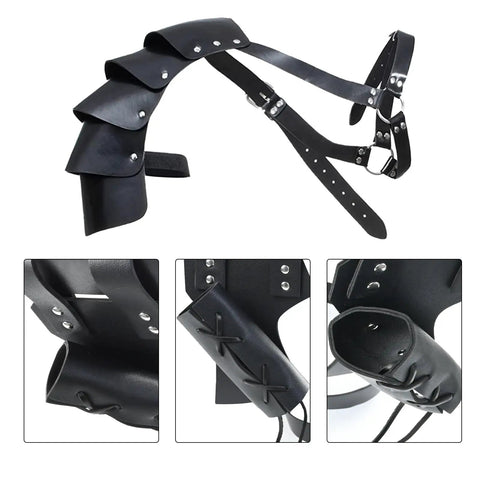Dope Medieval Knight Leather Costume Set For Men With Renaissance Half Shoulder Cape Shawl Belt Bracers Sword Frog And Accessories 7 Piece PU Leather Cosplay Gear Retro Gothic