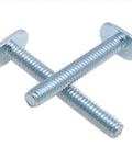 Two galvanized T-slot bolts crossed over, part of One Quarter Inch By Twenty Threads T Slot Bolts For D IY T Track Hardware And Woodworking Fixtures 10 Pack Durable Galvanized Steel For Custom Fixtures And Quick Adjustments.