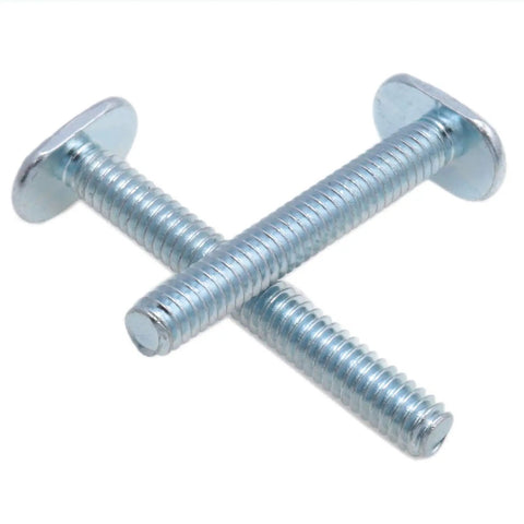Two galvanized T-slot bolts crossed over, part of One Quarter Inch By Twenty Threads T Slot Bolts For D IY T Track Hardware And Woodworking Fixtures 10 Pack Durable Galvanized Steel For Custom Fixtures And Quick Adjustments.