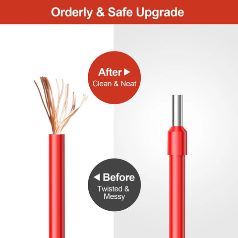 All In One Wire Ferrules And Terminals Kit With Insulated Sleeves, 260 Pcs, For AWG 22 To 8, showing Before and After wire installation.