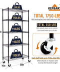 Heavy Duty 5 Shelf Wire Shelving Unit On 3 Inch Wheels With Shelf Liners Set Of 5 NSF Certified Adjustable Carbon Steel Storage Racks For Garage And Shop 30W 14D 63 Point 7 High displayed with weight capacity details