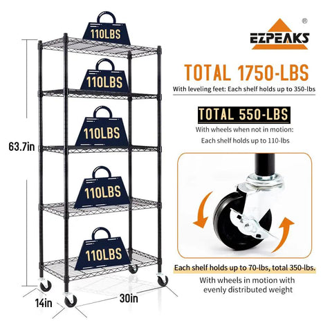 Heavy Duty 5 Shelf Wire Shelving Unit On 3 Inch Wheels With Shelf Liners Set Of 5 NSF Certified Adjustable Carbon Steel Storage Racks For Garage And Shop 30W 14D 63 Point 7 High displayed with weight capacity details