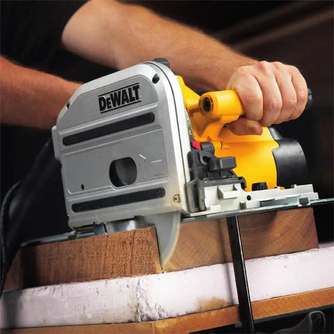 Person using Ultra Fine Finishing Tracksaw Blade With 48-Tooth Carbide for smooth crosscuts in hardwood and plywood.