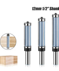 Premium Double Bearing Flush Trim Router Bit With 1/2 Inch And 12mm Shake, featuring dual bearings for precise wood trimming.