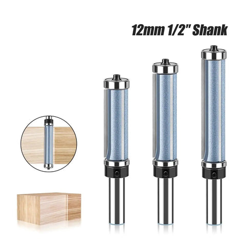 Premium Double Bearing Flush Trim Router Bit With 1/2 Inch And 12mm Shake, featuring dual bearings for precise wood trimming.