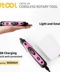 Pink 4V Cordless Rotary Tool Kit With 42 Accessories for DIY crafts, shown handheld with USB charging, lightweight design.