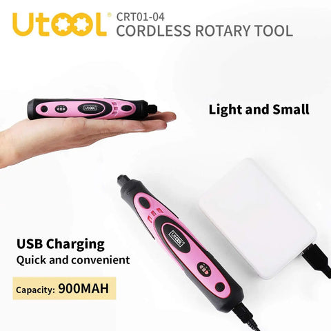 Pink 4V Cordless Rotary Tool Kit With 42 Accessories for DIY crafts, shown handheld with USB charging, lightweight design.