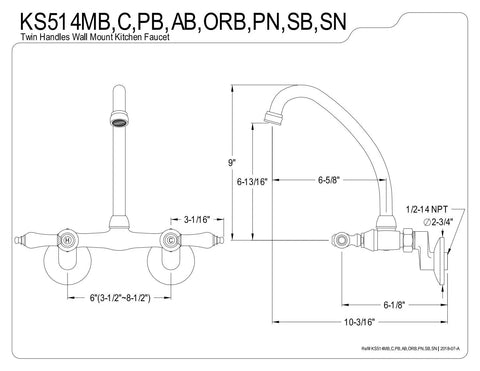 Detailed diagram of Two Handle Wall Mount Kitchen Faucet In Matte Black With No Drip Ceramic Disc Cartridge Adjustable Center From 3.5 To 8.5 Inches 1.8 GPM Flow Durable Brass Build Classic Traditional Look For A Timeless Kitchen