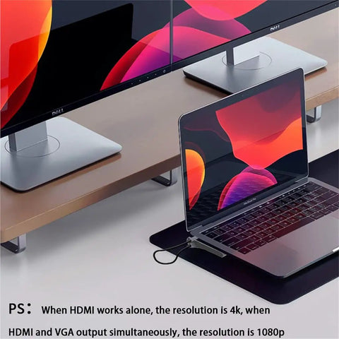 Sweet Slick Plug And Play 12 In 1 Type C Hub Docking Station Featuring 4K Dual HDMI Output and RJ45, connected to laptop and monitors.