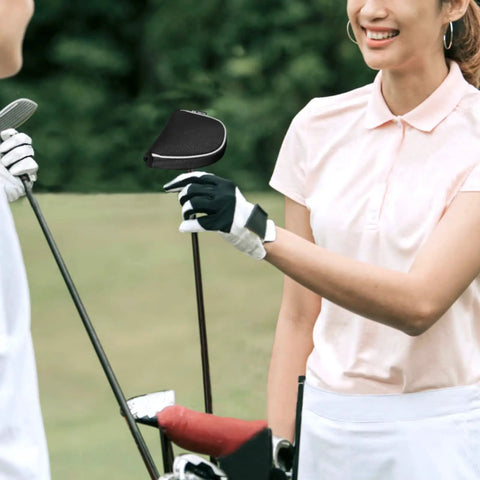 Golfer handing black Mallet Putter Headcover with Magnetic Closure for Heel Shafted Mallets on course