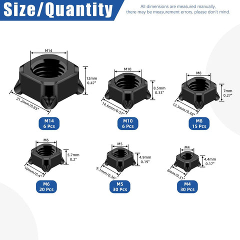 Badass Square Weld Nut Assortment 107 Pieces Covers M4 Through M14 Black Coarse Thread Carbon Steel Tools for Heavy Duty Garage Jobs and Shadetree Builders size chart