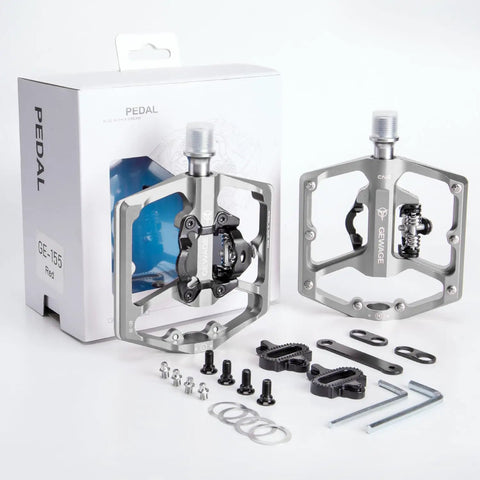 Dual Function Bicycle Pedals With Flat And Clipless Sides Nine Sixteenth Inch Platform Pedals SPD Compatible, silver alloy with accessories