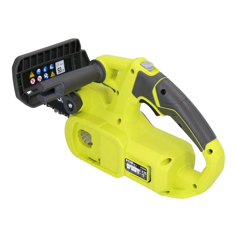 Badass 18 Volt Cordless 8 Inch Chainsaw With Sharp High Tooth Blade And Reliable Manual Oil Pump Made For Smooth Hedge Thinning And Easy Yard Cleanup Tasks In Black Green, close-up of control handle and blade.