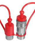 Front view of two red Pioneer-style ISO 5675 hydraulic quick-connect couplers with silver metal bodies and 1/4 in NPT threads