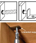 Installation illustration of Rock Solid Quarter Inch Shelf Support Pegs For Cabinet Pins and Closet Organizers L Shaped Heavy Duty Brackets.