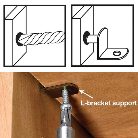 Installation illustration of Rock Solid Quarter Inch Shelf Support Pegs For Cabinet Pins and Closet Organizers L Shaped Heavy Duty Brackets.