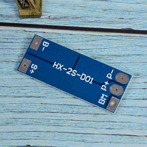 No Fuss 2 Pack 2S BMS For 18650 Lithium Cells 7 4V Balanced Charging Guard showing HX-2S-D01 circuit board with connection points.