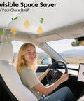 Tesla Model Y gray double-layer glass sunshade installed on the roof; driver in the front seat.