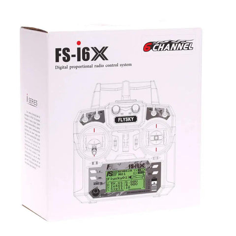 Box of the Two Point Four GHz 10 Channel AFHDS Two A RC Transmitter With Included FS IA6B Receiver showing front graphic design.