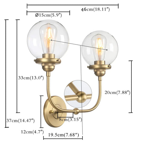 Antique Brass Double Sconce Wall Light With Clear 5.9 Inch Globe Shade, Dope Classic Vibe For Bedroom Living Room Bathroom Hallway