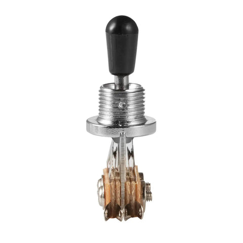 3 Way Short Straight Guitar Toggle Switch Pickup Selector With Replaceable Tip Cap Knobs, 12mm Shaft By 9mm Tall, Compact Yet Durable, Easy To Install On Control Plates, Perfect For Gibson Les Paul Electric Guitars And Other Axes. silver metal guitar toggle switch with black tip cap, side view
