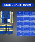 Size chart for Top Shelf High Visibility Safety Vest With Heavy Duty Reflective Tapes highlighting various sizes and measurements.