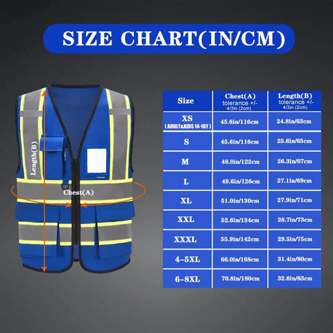 Size chart for Top Shelf High Visibility Safety Vest With Heavy Duty Reflective Tapes highlighting various sizes and measurements.