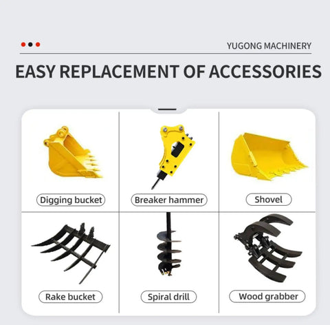Compact Excavator Backhoe Loader accessories: digging bucket, breaker hammer, shovel, rake bucket, spiral drill, wood grabber