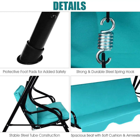 Close-up of turquoise Three Seater Canopy Swing Chair details, steel frame, spring hook, cushioned seat for outdoor patio garden.