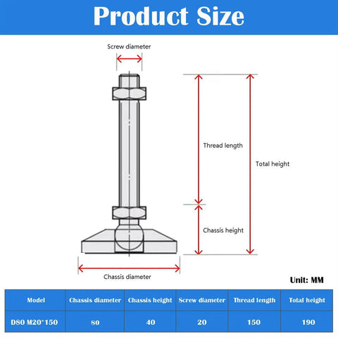 Product size diagram for No Hassle Heavy Duty Adjustable Carbon Steel Leveling Feet Set Of Four With Beefy D80 Threaded Lifting Design.
