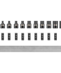 3/8 Inch Drive Shallow External Star Impact Socket Set With Rail, 12-Piece (E4-E20) displayed with rail
