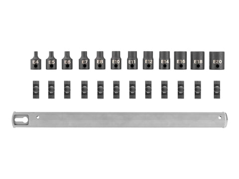 3/8 Inch Drive Shallow External Star Impact Socket Set With Rail, 12-Piece (E4-E20) displayed with rail